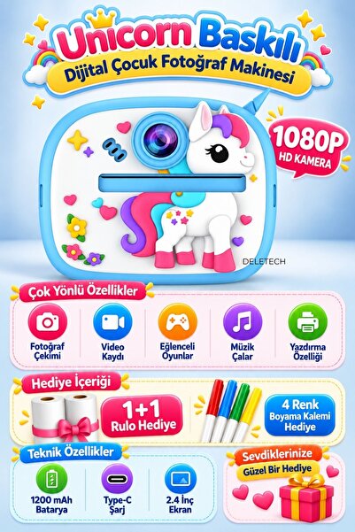 Çocuk Dijital Fotoğraf Makinesi Anında Fotoğraf Çıkaran Termal Yazıcı Kamera – Unicorn Tek Boynuzlu At Tasarımlı, 1080P HD, 1+1 Baskı Rulosu ve 4 Boyama Kalemi Hediyeli