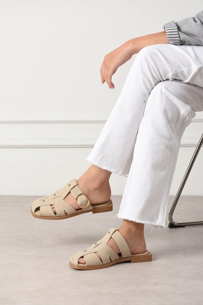 DUXAL SHOES Fabian Women's Camel Suede Caged Sandals Slipper Buckle Detail