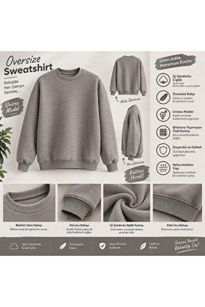 3iplik Şardonlu Extra Kalın Yumuşacık İçi Polarlı Tüylenme Bitlenme Yapmaz Oversize Geniş Kesim Bisiklet Yaka Sweatshirt Baskısız Düz Renk Sade Ünisex Model Hem Kadın Hem Erkek Kullanabilir