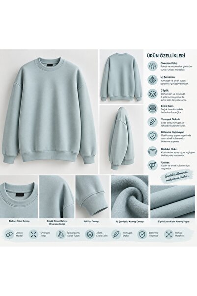 3iplik Şardonlu Extra Kalın Yumuşacık İçi Polarlı Tüylenme Bitlenme Yapmaz Oversize Geniş Kesim Bisiklet Yaka Sweatshirt Baskısız Düz Renk Sade Ünisex Model Hem Kadın Hem Erkek Kullanabilir