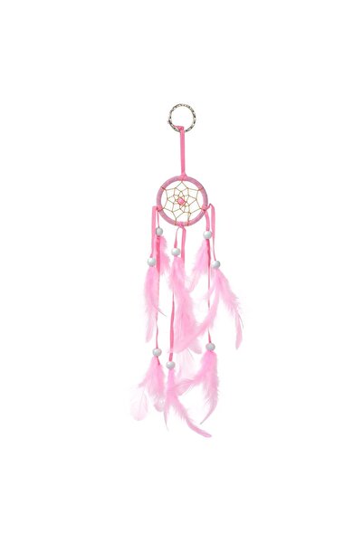 OEM Breloc Dreamcatcher Roz cu Pene și Mărgele Albe din Lemn - 5x23cm