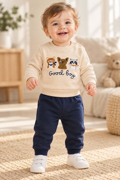 dinamik çocuk Baby boy animal figure good boy printed embossed applique sweat...