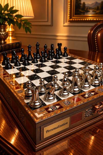 banabirhediye Premium Luxury Chess Set, Black Silver Metal Pieces, Solid Wood Chess, Gift, Chess Set 33 × 33 × 7 cm