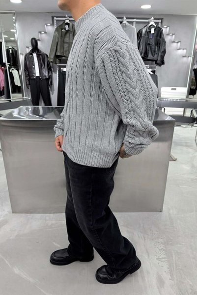 HAFKAGİYİM Gri Örgü Desen Oversize Triko Kazak