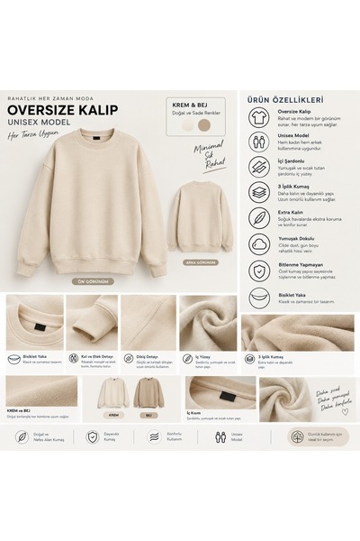 3iplik Şardonlu Extra Kalın Yumuşacık İçi Polarlı Tüylenme Bitlenme Yapmaz Oversize Geniş Kesim Bisiklet Yaka Sweatshirt Baskısız Düz Renk Sade Ünisex Model Hem Kadın Hem Erkek Kullanabilir