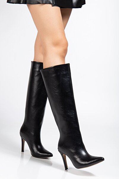 Zerenyus Zri̇nx-2004 Premium Black Wrinkled Patent Leather Pointed Toe Thin H...