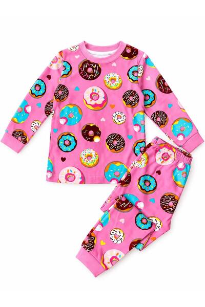 Fil Kids Girls 100% Cotton Pink Color Donuts Patterned Patterned Long Sleeve Winter Interlock Pajamas Set