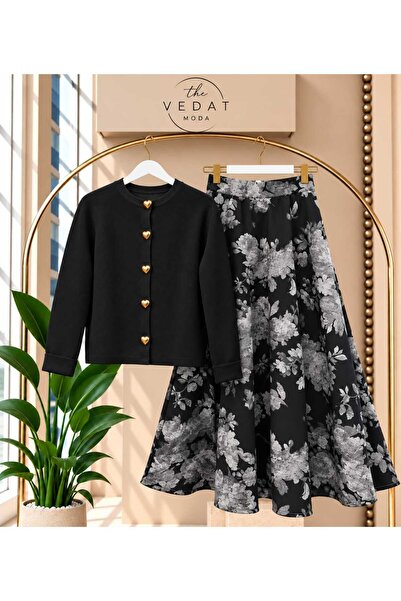 MODA VEDAT Γυναικεία πλεκτή ζακέτα με κουμπιά σε σχήμα καρδιάς - Σετ με φούστ...