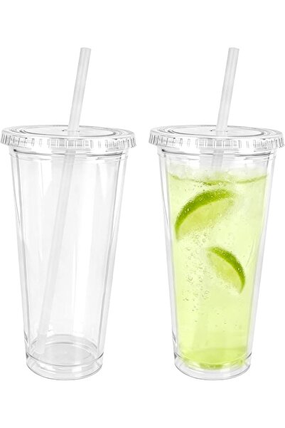 GENERAL Reusable Double-Walled Transparent Plastic Cups, with Straw, for Coff...