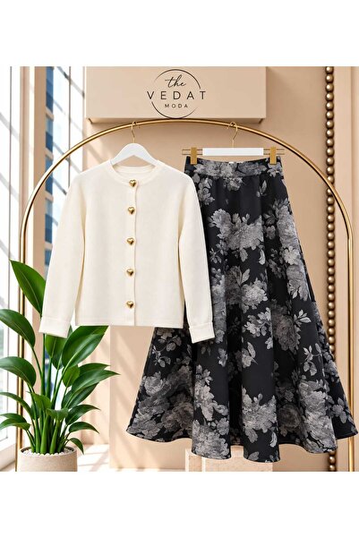 MODA VEDAT Γυναικεία πλεκτή ζακέτα με κουμπιά σε σχήμα καρδιάς - Σετ με φούστ...