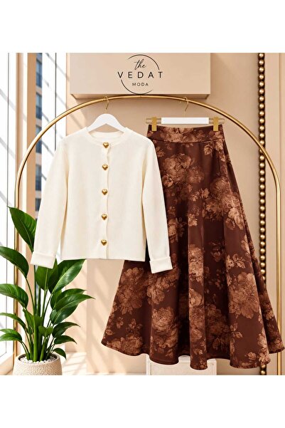 MODA VEDAT Γυναικεία πλεκτή ζακέτα με κουμπιά σε σχήμα καρδιάς - Σετ με φούστ...