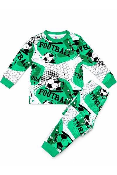 Fil Kids Boy's 100% Cotton Green White Color Football Patterned Long Sleeve Winter Interlock Pajama Set
