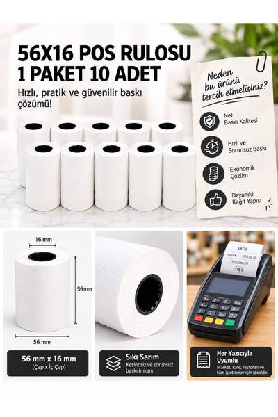 5 PAKET 56x16 Termal POS Rulosu 10'lu Paket Kasa Fiş Rulosu
