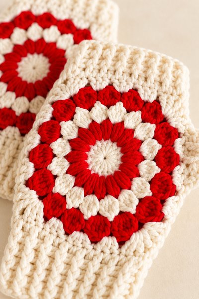 Awesomecrochet Hand Knitted Cream Red Floral Pattern Fingerless Gloves Hand Warmer Winter Knitted Gloves