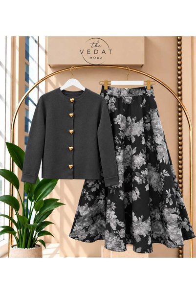 MODA VEDAT كارديجان نسائي محبوك بأزرار على شكل قلب - طقم تنورة سكوبا منقوشة -...
