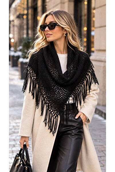 MARBERRY Black Tassel Fringed Triangle Women's Shawl