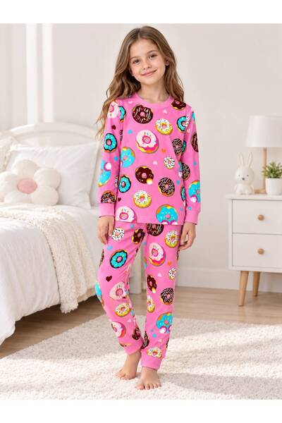 Fil Kids Girls 100% Cotton Pink Color Donuts Patterned Patterned Long Sleeve Winter Interlock Pajamas Set