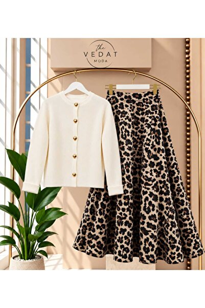 MODA VEDAT Women's Heart Buttoned Knitwear Cardigan - Leopard Patterned Puff ...