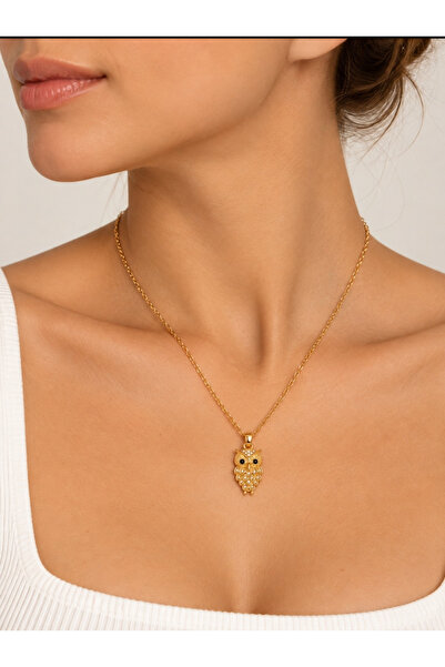 Atelier Licia Women's Stainless Steel Gold Owl Model Zircon Stone Necklace No...