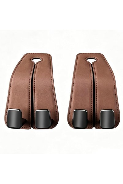 GENERAL 2PCS Brown Leather Car Headrest Hooks, Heavy Duty 2-in-1 Double Vehic...