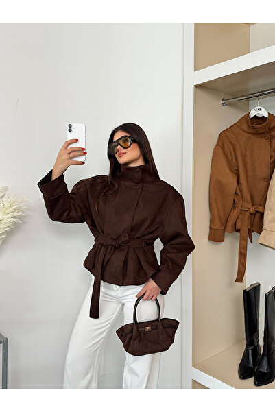 LB Laluna Butik معطف نسائي ياقة مرتفعة متوسطة الطول من جلد الغزال