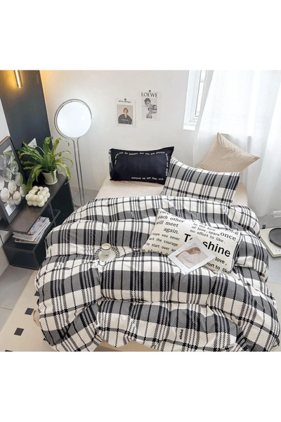 decorami Double bed linen with Stretchy, Finet, 6 pieces, Gray, plaid