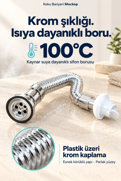 MOCKOP Koku Bariyeri ChromeGuard Krom Kaplama Lavabo Sifonu ve 50 mm Koku Önleyici Ana Gider Çekvalfi Seti