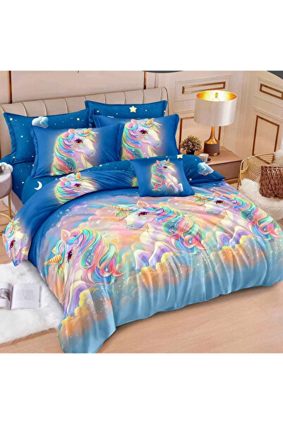 decorami Double bed linen with Stretchy, Finet, 6 pieces, Blue, unicorns