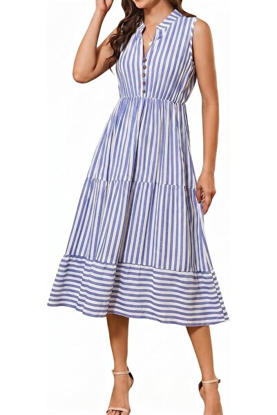 GENERAL BROVAVE Womens 2024 Summer Sleeveless Shirt Dress Collar Striped V Ne...
