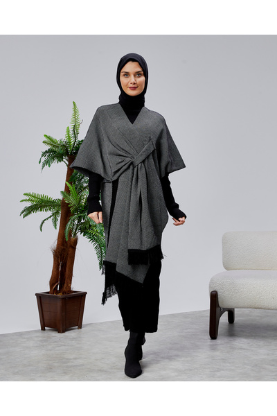 CNR TEKSTİL Women's Anthracite Belted Tasseled Knitwear Poncho Shawl Collar O...