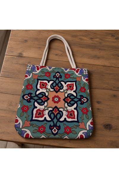 Zehra ana Traditional Ottoman Motif Floral Patterned Tapestry Woven Arm Bag in Turquoise-Green Tones