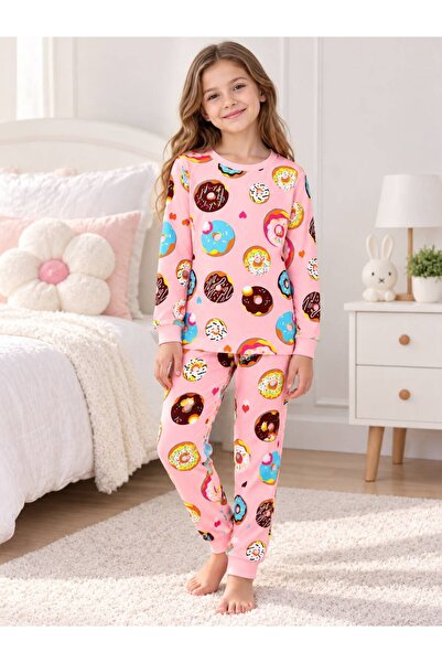 Pajama Shop Момичешки зимен комплект пижами от 100% памук, розов, с десен на ...
