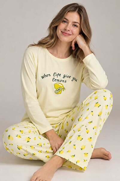 Sude HOMEWEAR Bisiklet Yaka Uzun Kol Kadın Limon Desenli Pijama Takımı