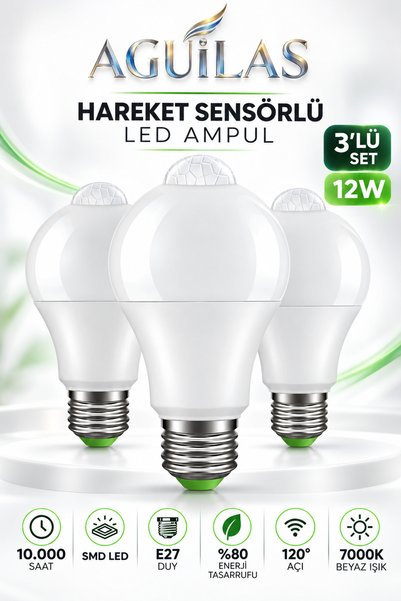 AGUILAS Sensörlü Led Ampül Hareket Algılayıcılı E27 Duy 12 Watt 900 Lümen Har...
