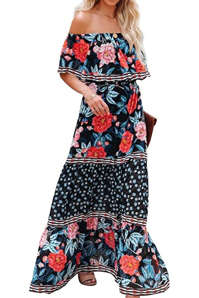 GENERAL Xplanet Mexican Dress for Women Off Shoulder Floral Print Maxi Dress ...