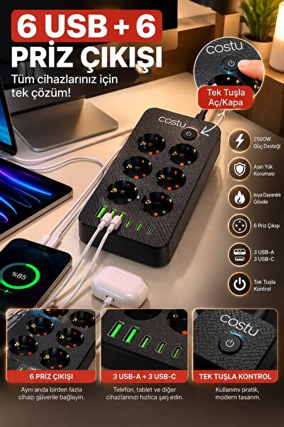 Akım Korumalı 6lı Grup Priz 3x USB 3XUSB-C Ekstra 6 Kablo Girişli 2 Metre