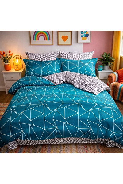 decorami Double bed linen, Finet, 6 pieces, Turquoise, geometric shapes