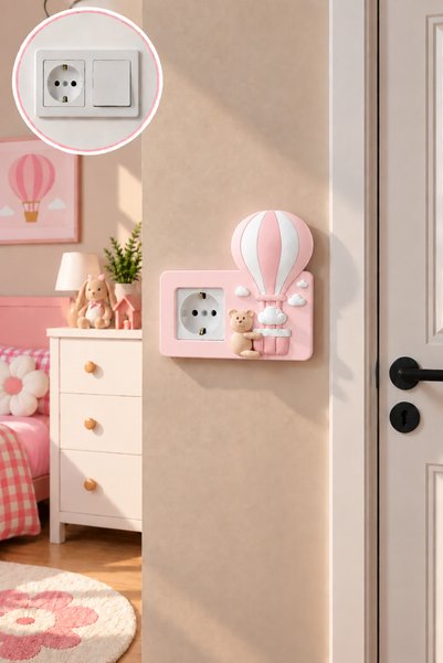 3dvectory Uçan Balon Ayıcık Toz Pembe Çocuk Odası Priz ve Tekli Anahtar Kapağ...