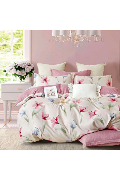 decorami Double bed linen with Stretchy, Finet, 6 pieces, Cream-Pink, flowers