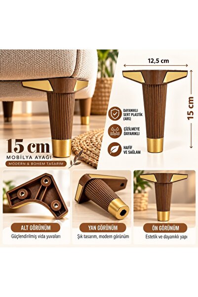 DENİZ MOBİLYA AYAĞI - 15 CM - 4 ADET - AÇIK KAHVE GOLD - MOBİLYA BAZA KOLTUK AYAĞI