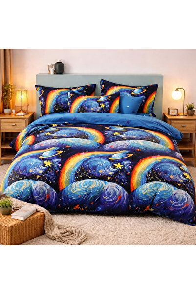 decorami Double bed linen with Stretchy, Finet, 6 pieces, blue, planets