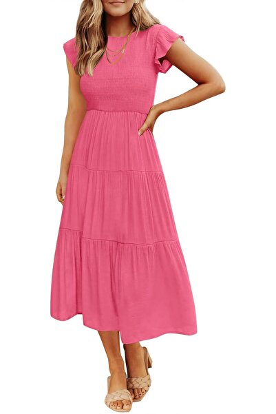 ZESICA Women's Summer Casual Flutter Short Sleeve Crew Neck Smocked Elastic W...
