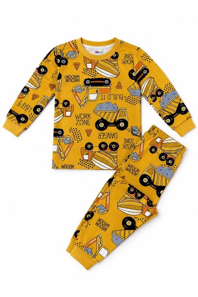 Fil Kids Boy's 100% Cotton Mustard Yellow Color Bucket Truck Mixer Patterned Long Sleeve Interlock Winter Pajama Set