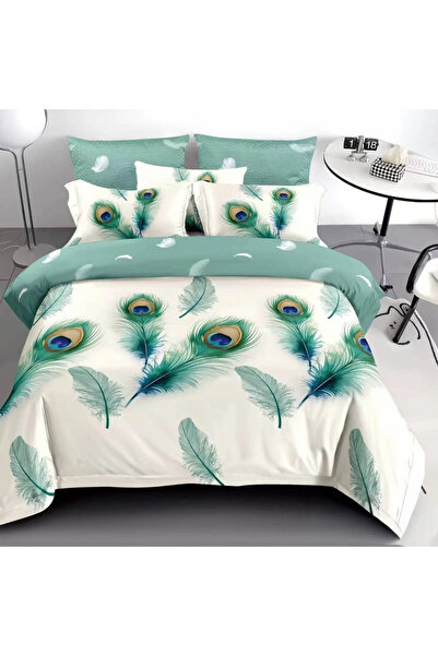 decorami Double bed linen, Finet, 6 pieces, White, Green, peacock feathers