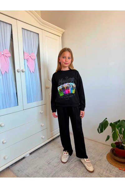 PAPİY KİDS Oysho Fabric 2-Thread Seasonal Bottom and Top Girls' Set with Manifest Printed Wide-Leg Pants