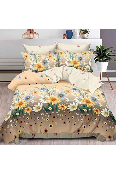 decorami Double bed linen, Finet, 6 pieces, Beige, flowers