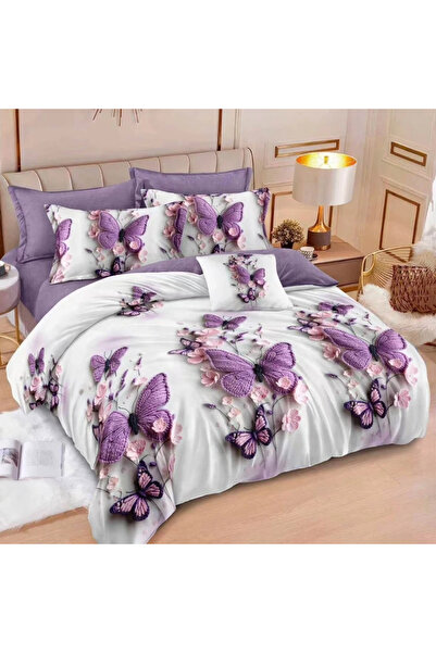 decorami Double bed linen, Finet, 6 pieces, Purple, Light gray, butterflies