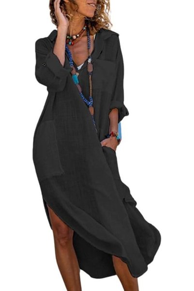 GENERAL utcoco Womens Casual Loose Cotton Linen Long Shirt Dress Lapel Button...