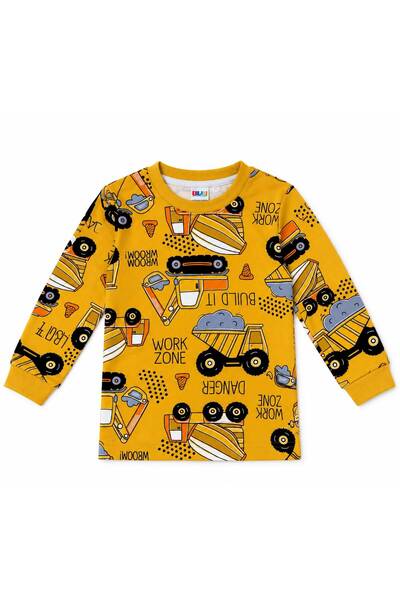 Fil Kids Boy's 100% Cotton Mustard Yellow Color Bucket Truck Mixer Patterned Long Sleeve Interlock Winter Pajama Set