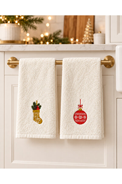 Yılbaşı Konsept - Noel Desen Nakışlı Mutfak Havlusu, Nakışlı 2’Li Set 30 x 50 Mutfak Havlusu